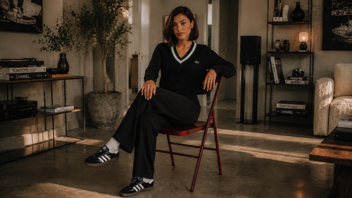 A woman sits on a folding chair in a modern, stylishly decorated room, wearing a black Lacoste knit sweater with a V-neck and black trousers. The Lacoste crocodile logo is visible on the left chest of the sweater.